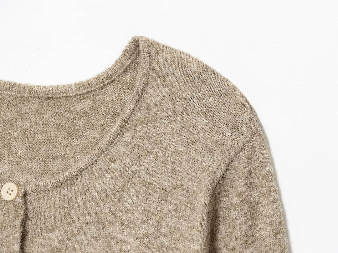 Button Knot Round Neck Knitted Cardigan