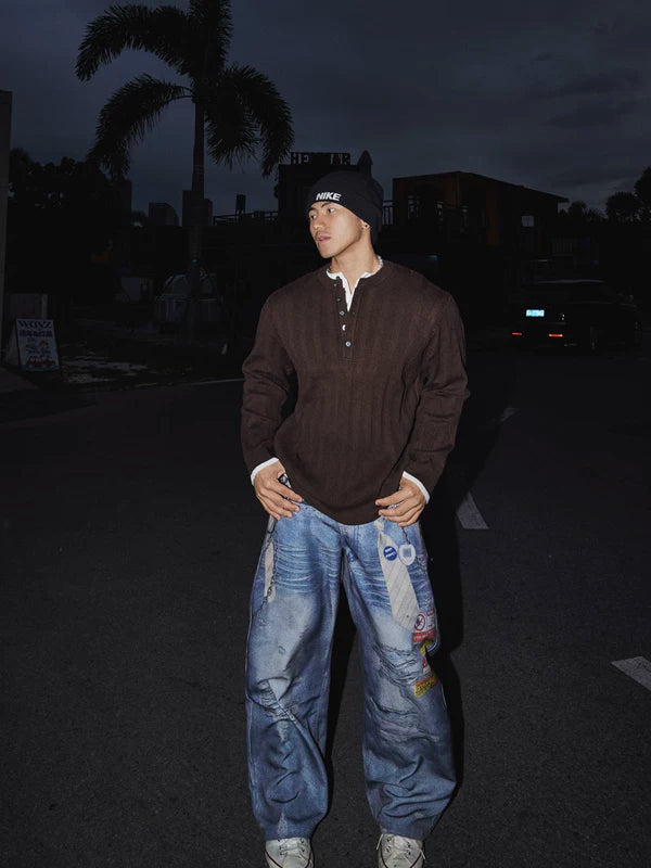 ヘンリーカラーのニットフェイクレイヤードセーター 