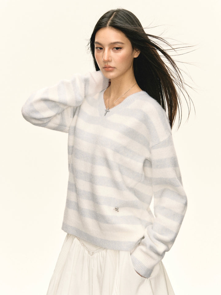 Striped V-Neck Knit Sweater