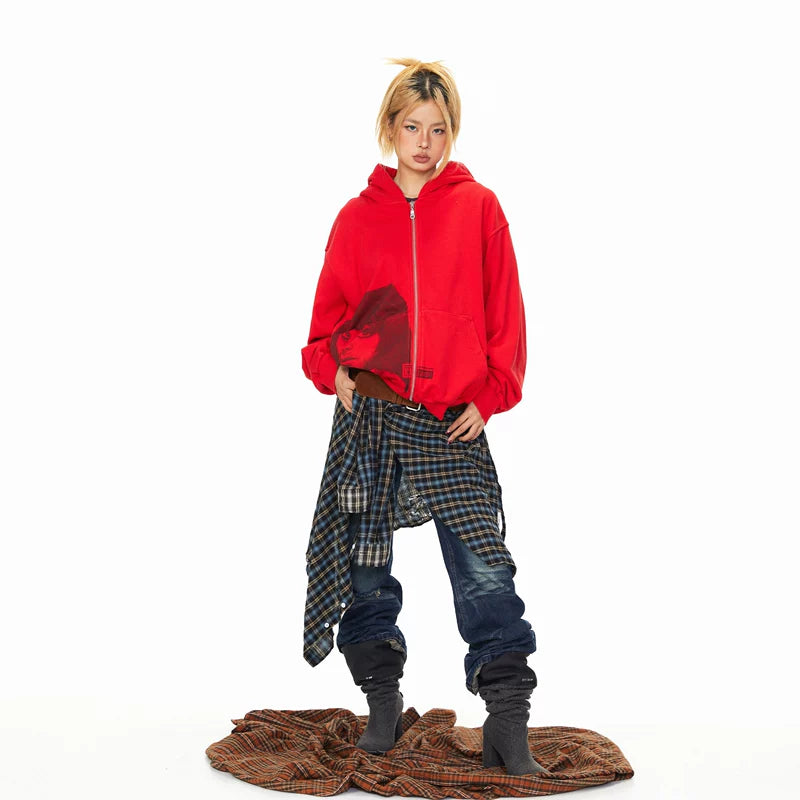 Portrait Print Hooded Zip Sweatshirt