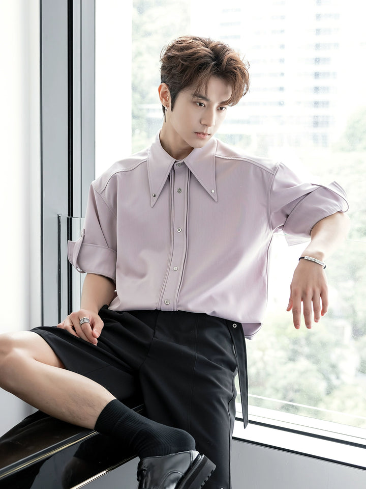 포인티드 칼라 롤드 슬리브 셔츠 