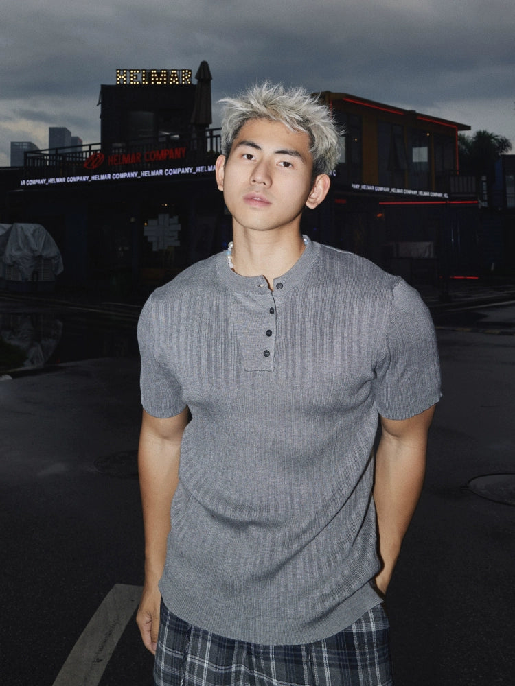 Textured Henley Collar Short Sleeve Polo Shirt