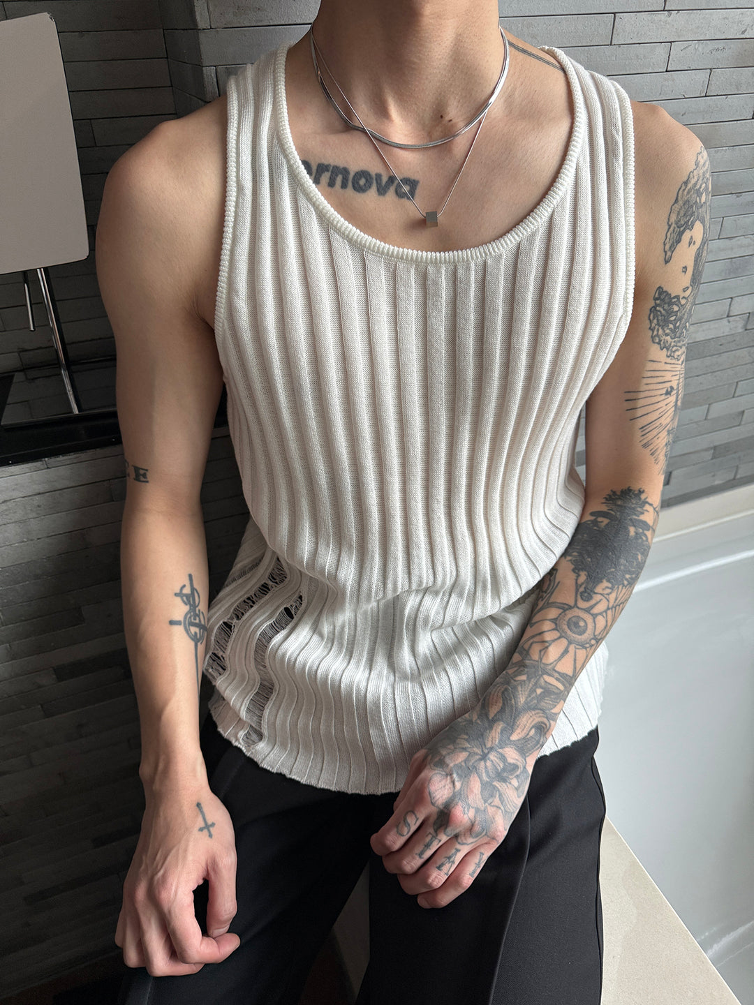 Strick Ärmelloses Ripped Enges Top 