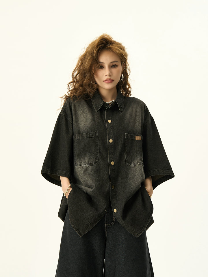 Oversized Short Sleeve Distressed Denim Shirt