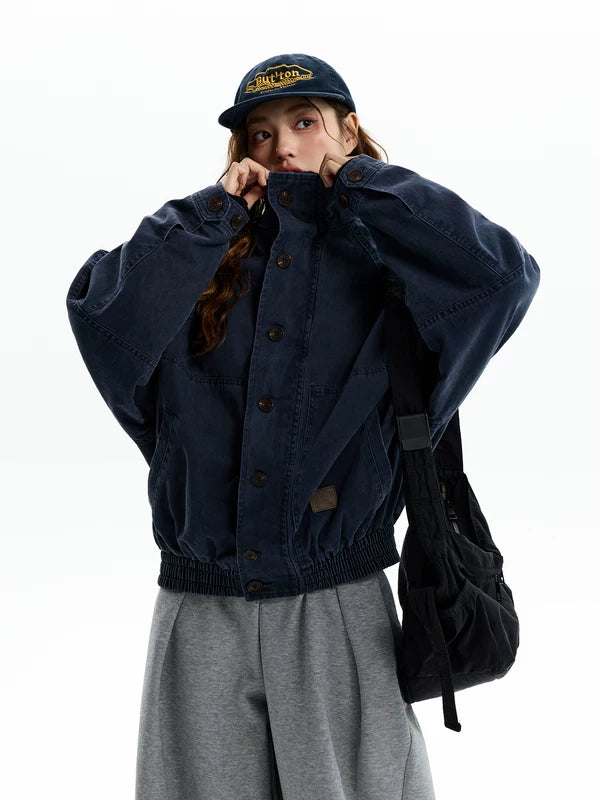 Jaqueta de Trabalho Retro de Ombros Largos e Curtos 