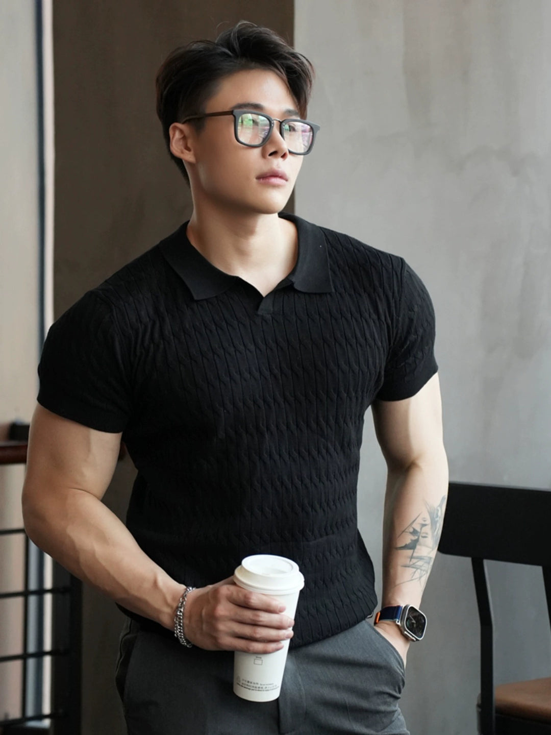 Slim Fit Stickad Polotröja Kort Ärmar 