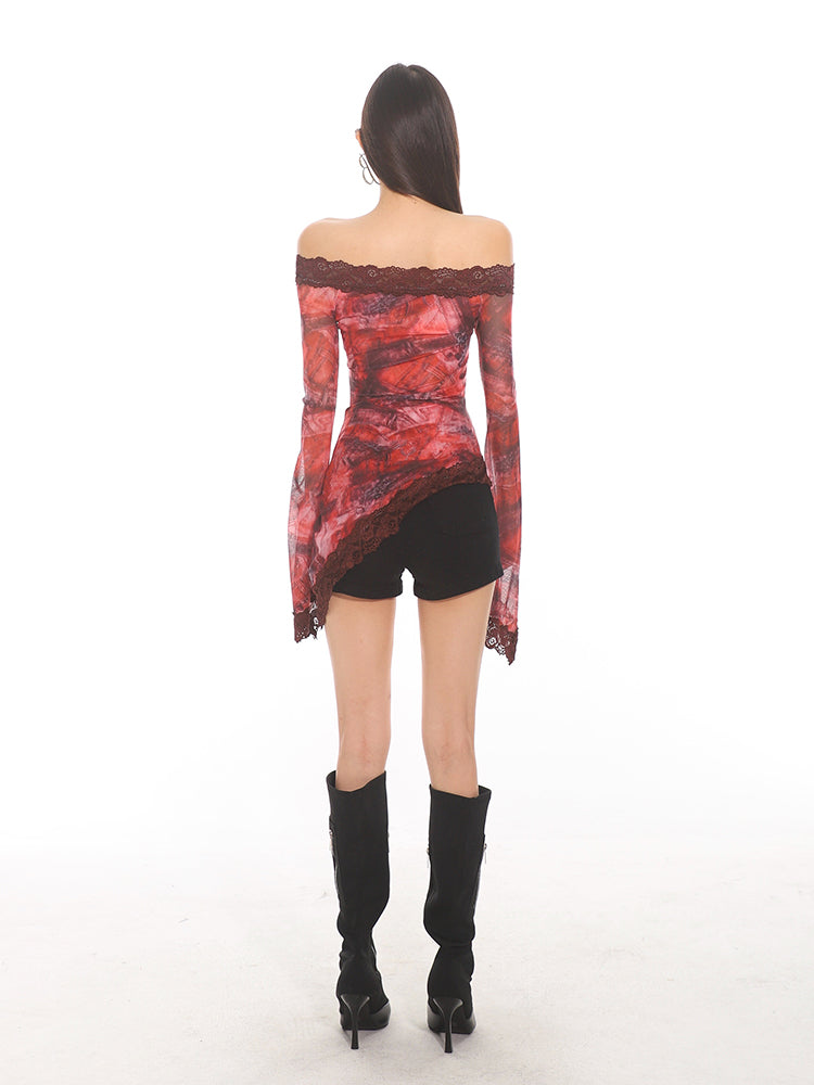 Mesh Lace Off Shoulder Asymmetrical Top