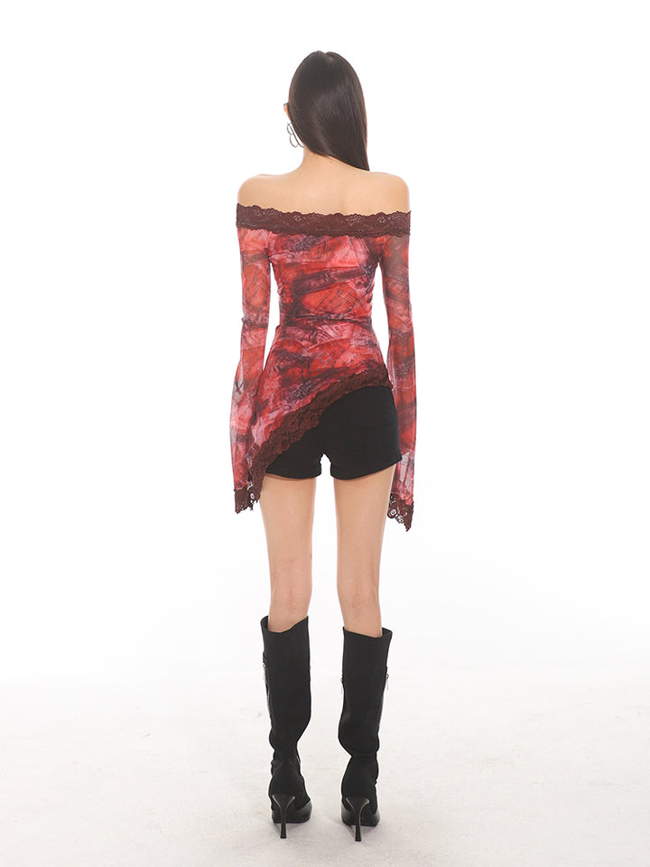 Mesh Lace Off Shoulder Asymmetrical Top