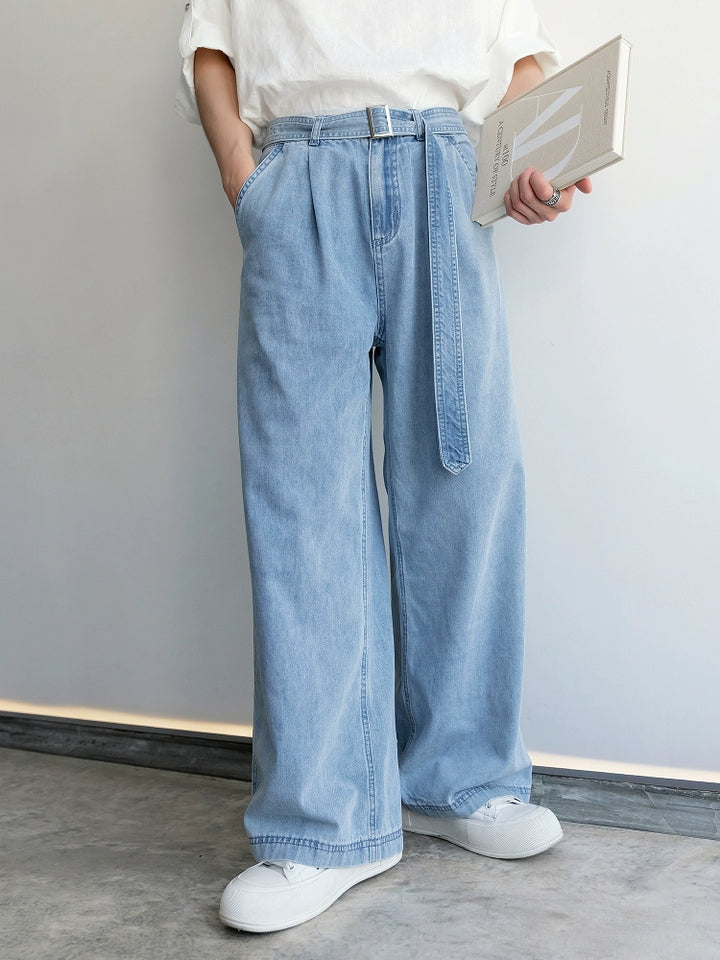Ice Silk Wide-Leg Belted Jeans