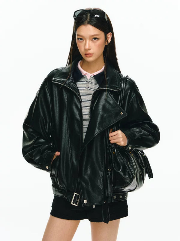 Chaqueta de moto de cuero sintético de gran tamaño 