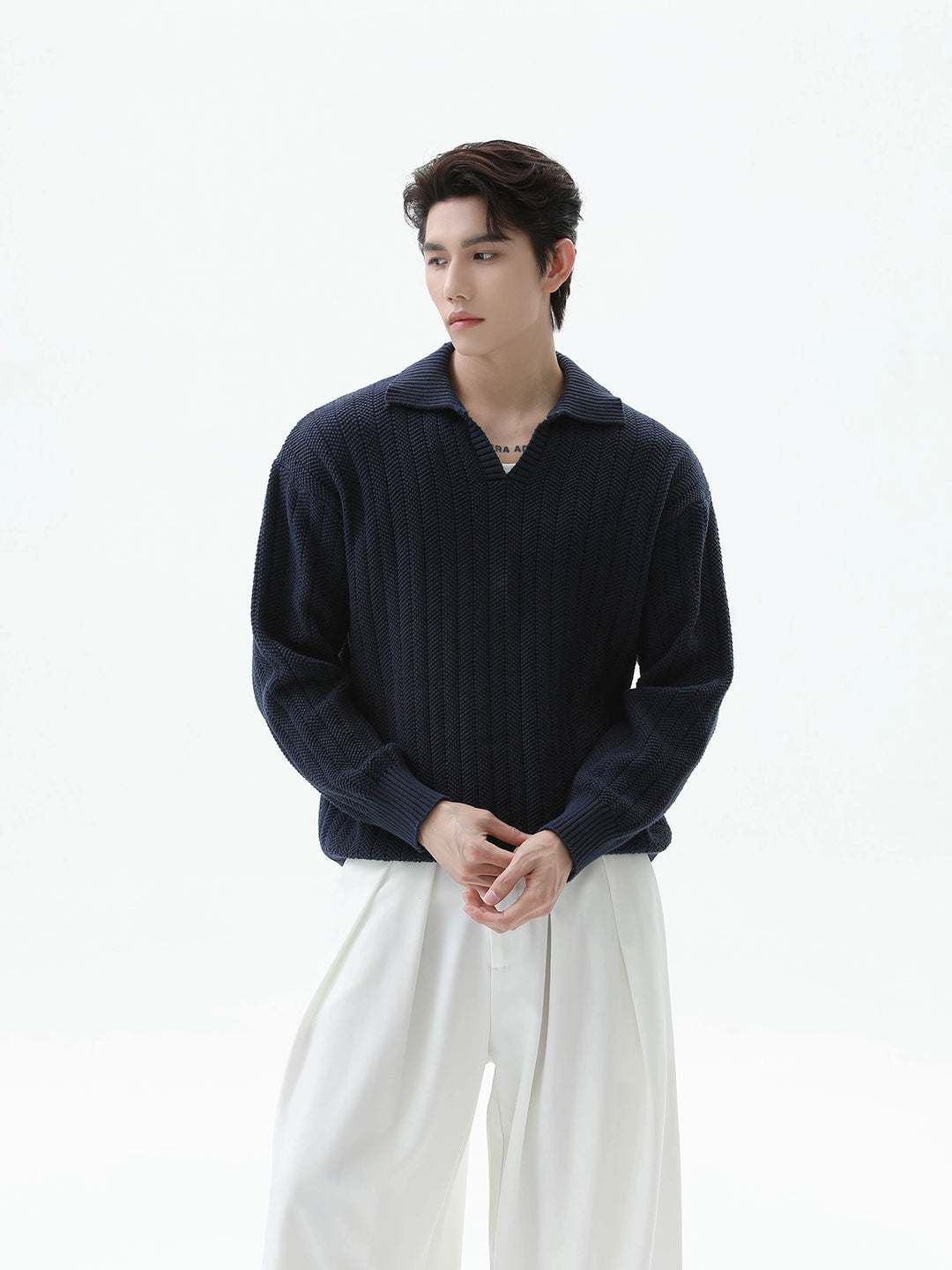 Pull décontracté à manches longues en tricot avec col à revers 