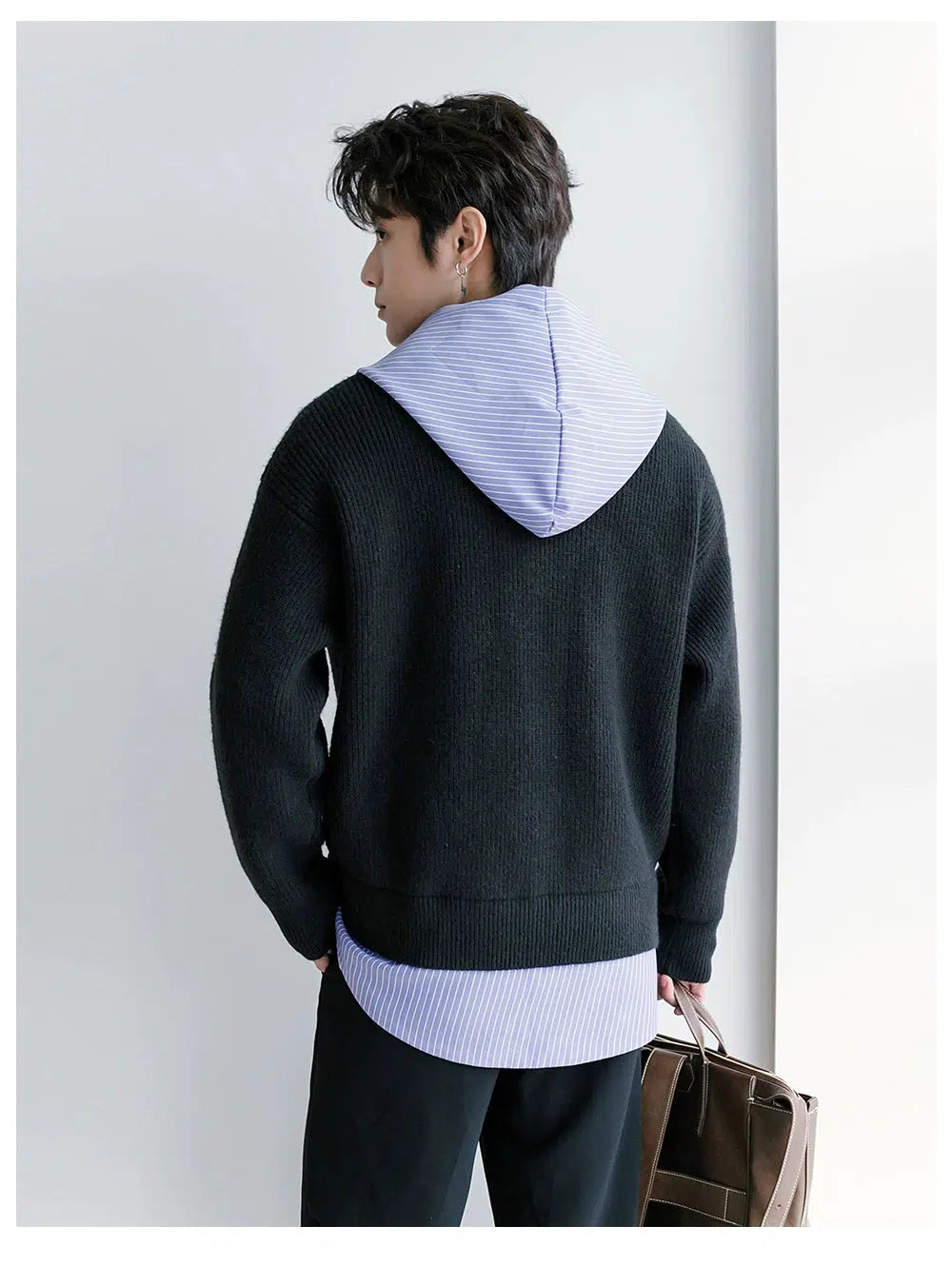 Blue Striped Patchwork Hooded Sweater