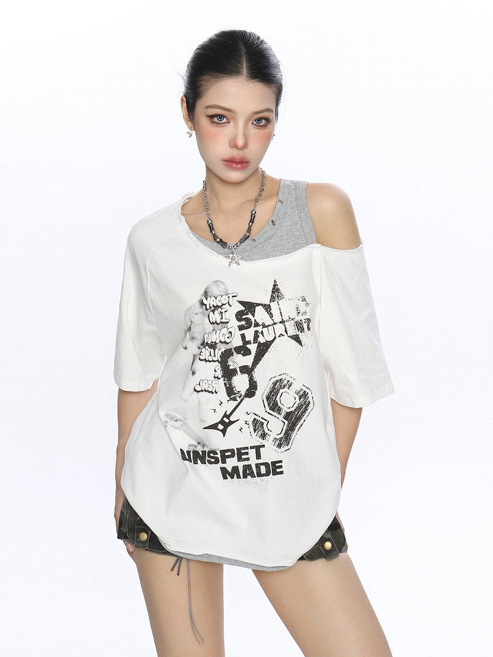 Σετ T-Shirt με εκτύπωση Γκράφιτι και ανοιχτούς ώμους 