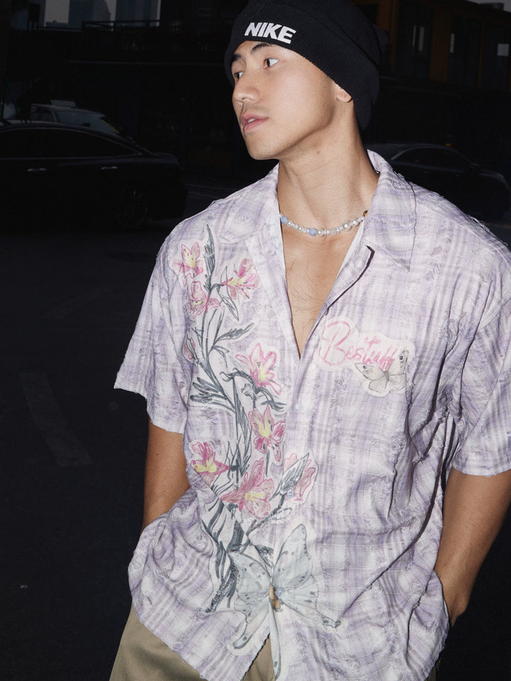 Distressed Floral Beach Short Sleeve Shirt