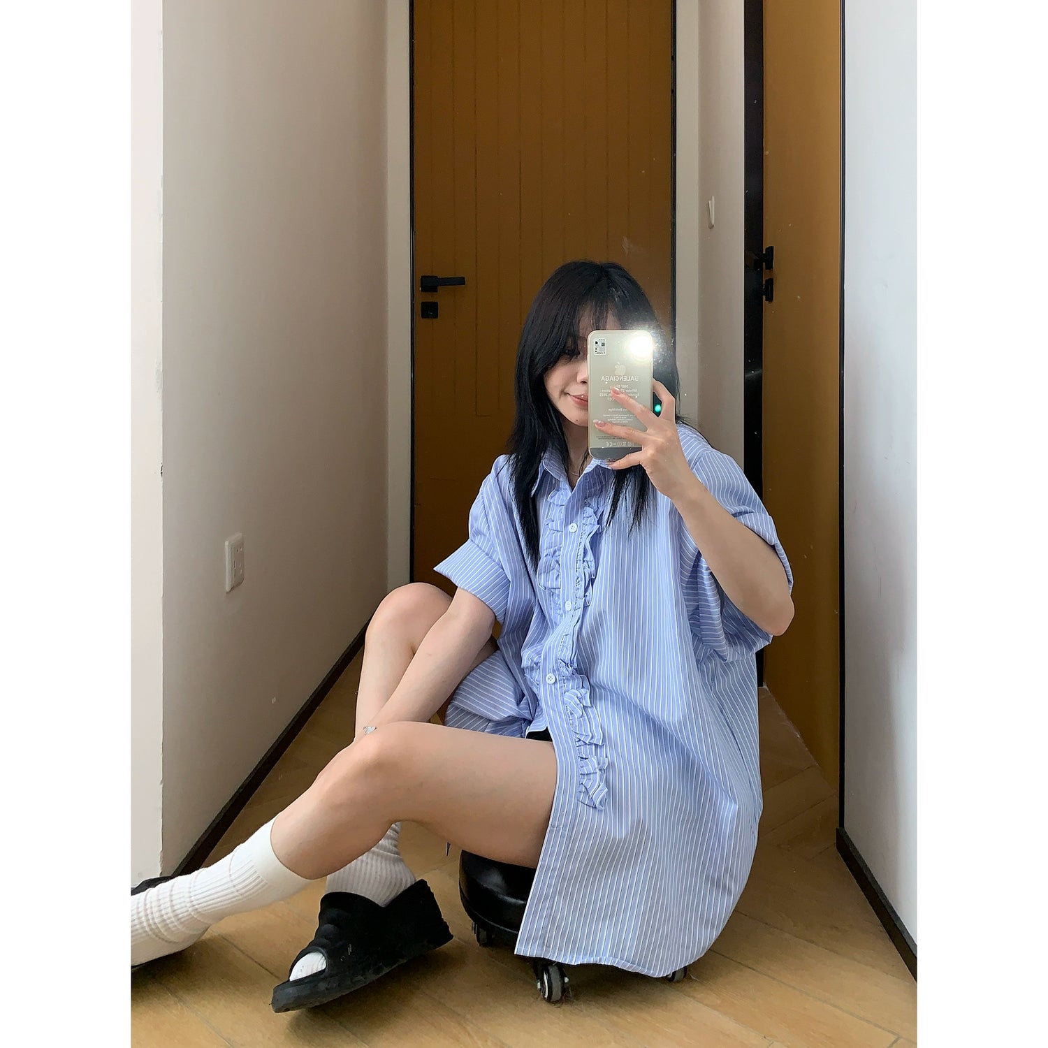 Vertical Striped Lace Short Sleeve Shirt