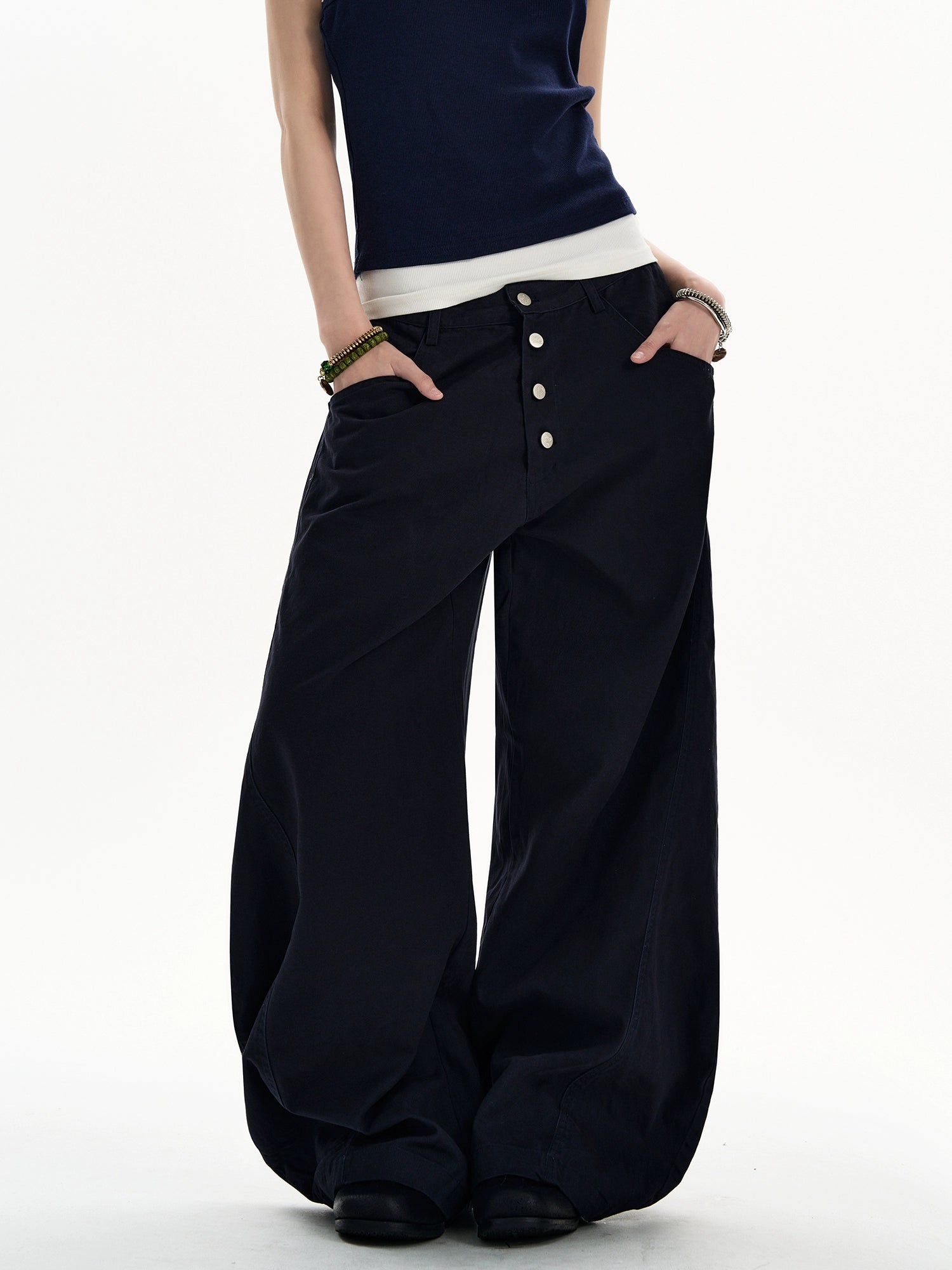 Pantaloni casual da lavoro a gamba larga con più bottoni 