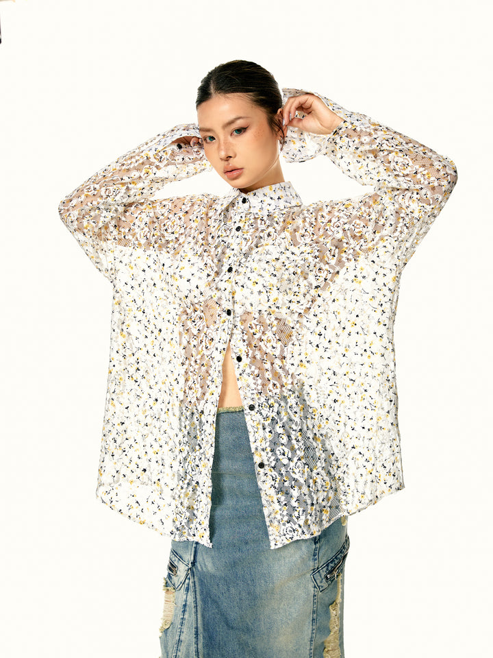 Floral Mesh Retro Pleated Shirt