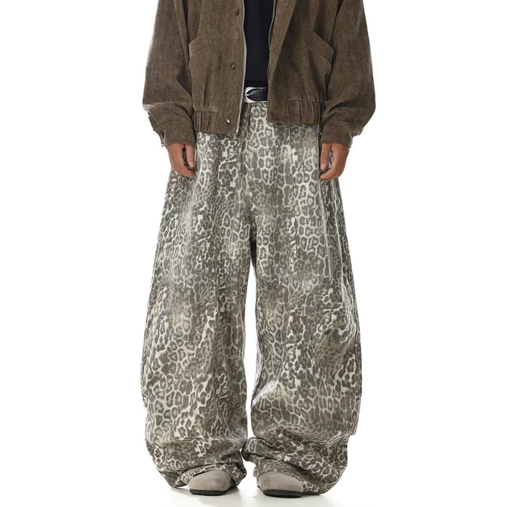 Gestreepte Leopard Print Wijde Pijpen Jeans 