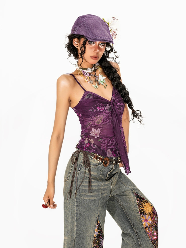 Exotic Print Mesh Camisole Tank Top
