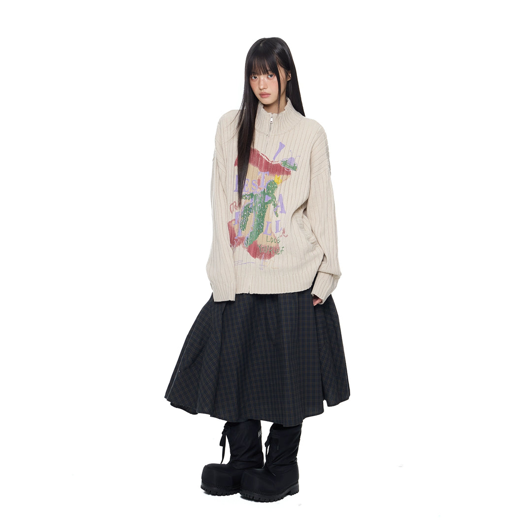 Letter Print Knitted Zip Sweater