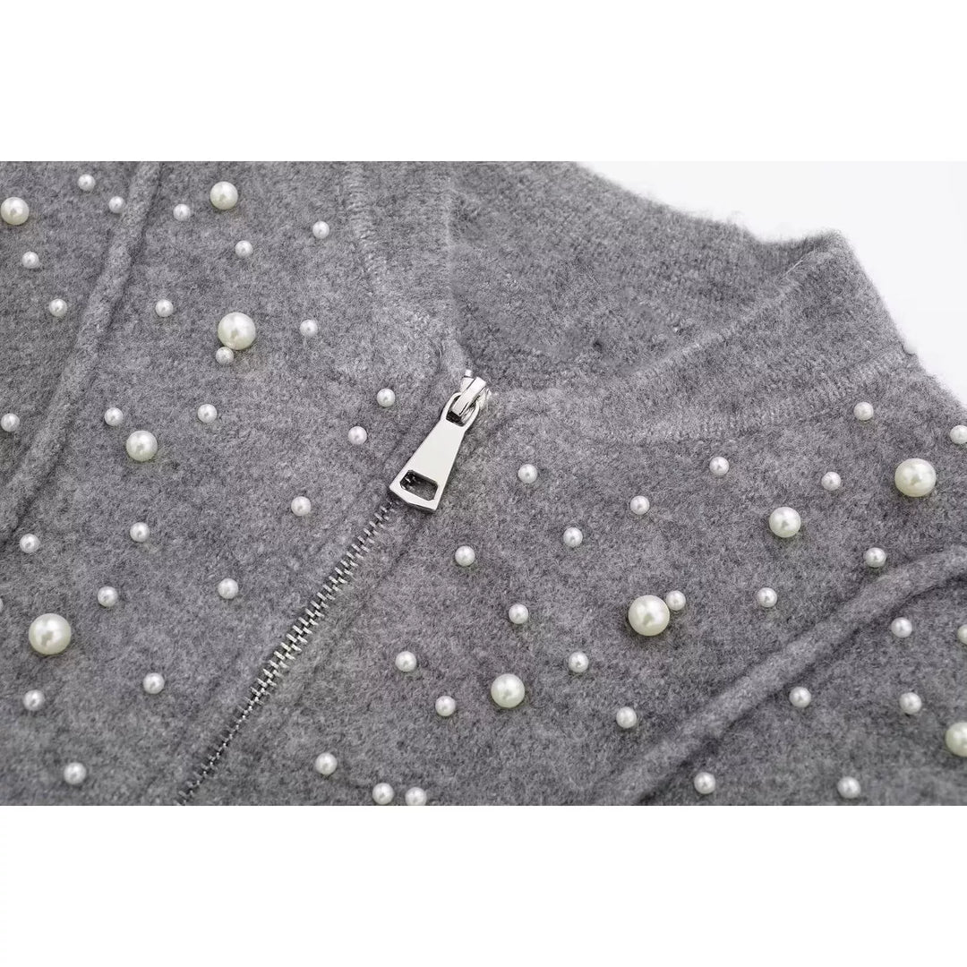Artificial Pearl Knitted Bomber Jacket
