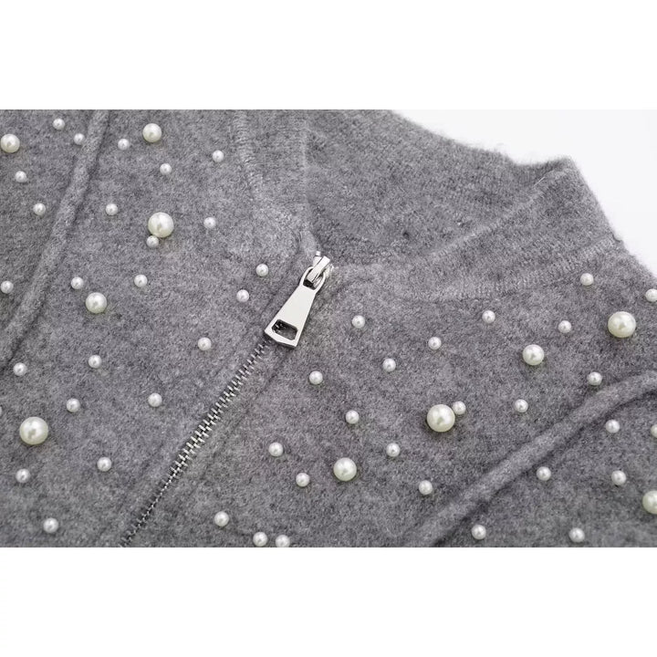 Artificial Pearl Knitted Bomber Jacket