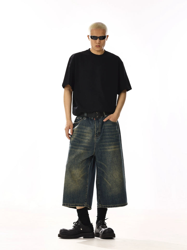 Washed Denim Wide-Leg Cropped Pants