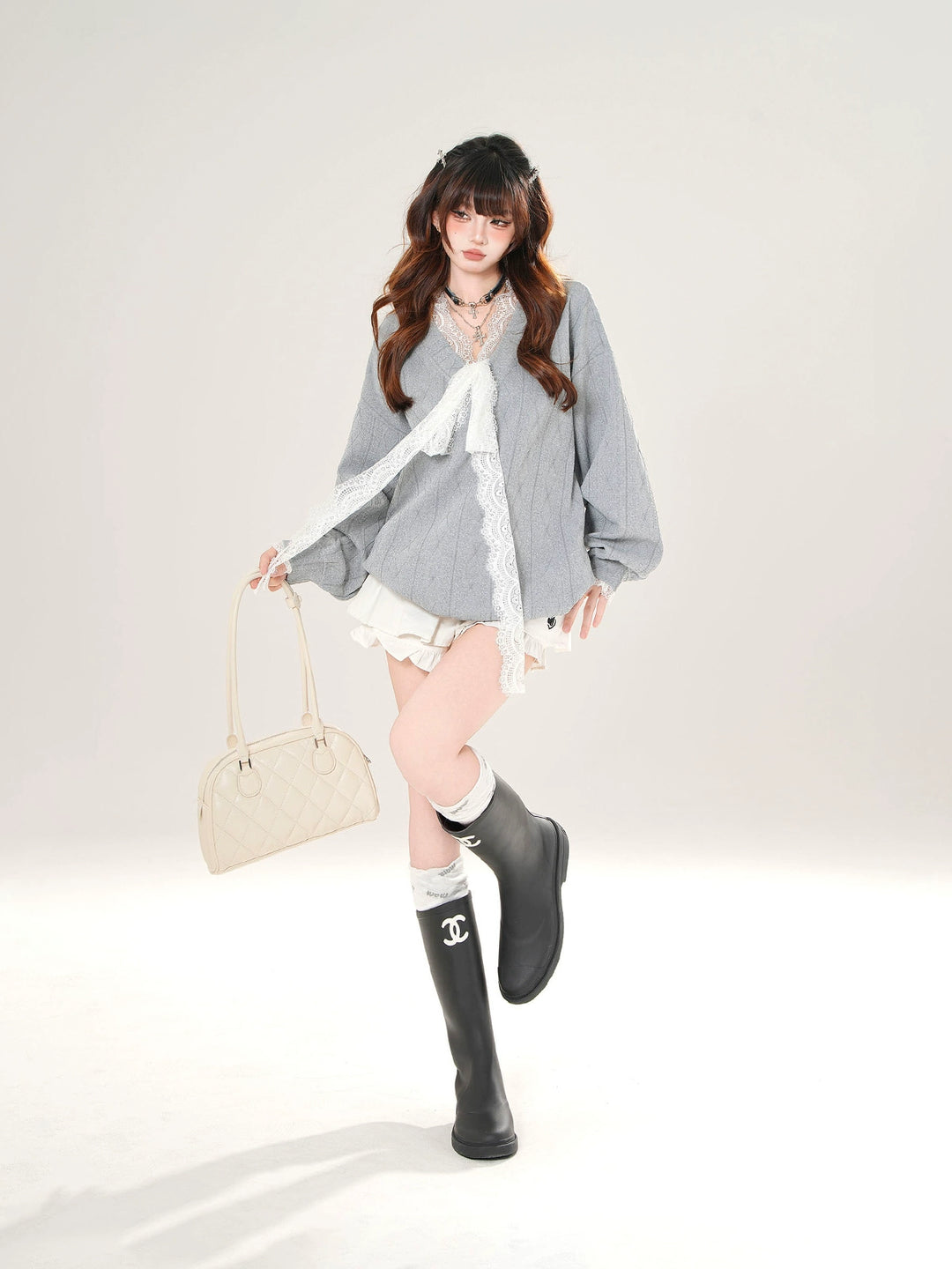Lace Trim V-Neck Knitted Sweater