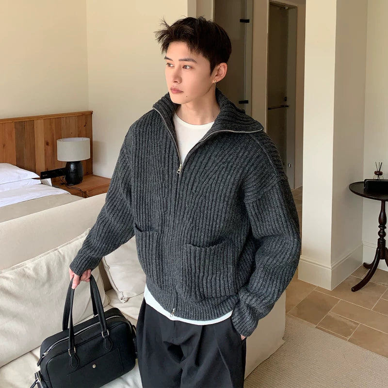 Retro Geribbelde Brei Hoge Hals Trui Cardigan 