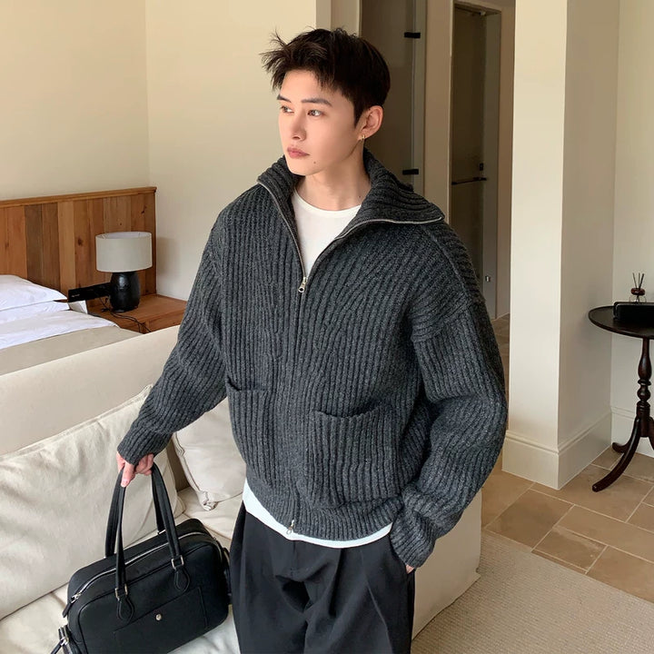 Retro Geribbelde Brei Hoge Hals Trui Cardigan 