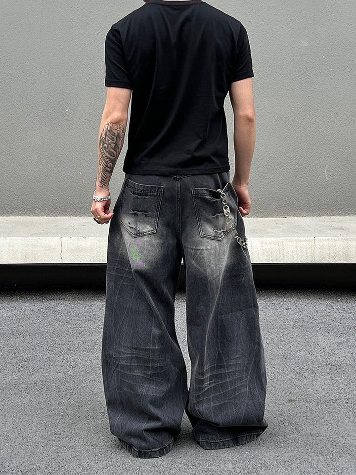 Wide-Leg Lightning Pattern Jeans