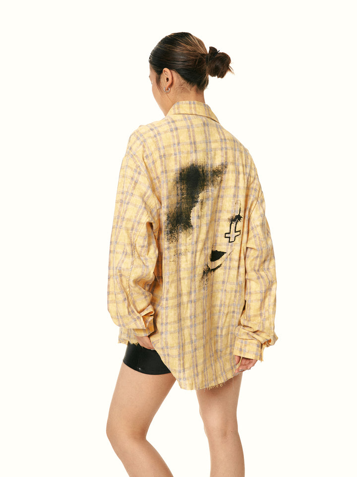 Graffiti Print Plaid Long-sleeved Shirt