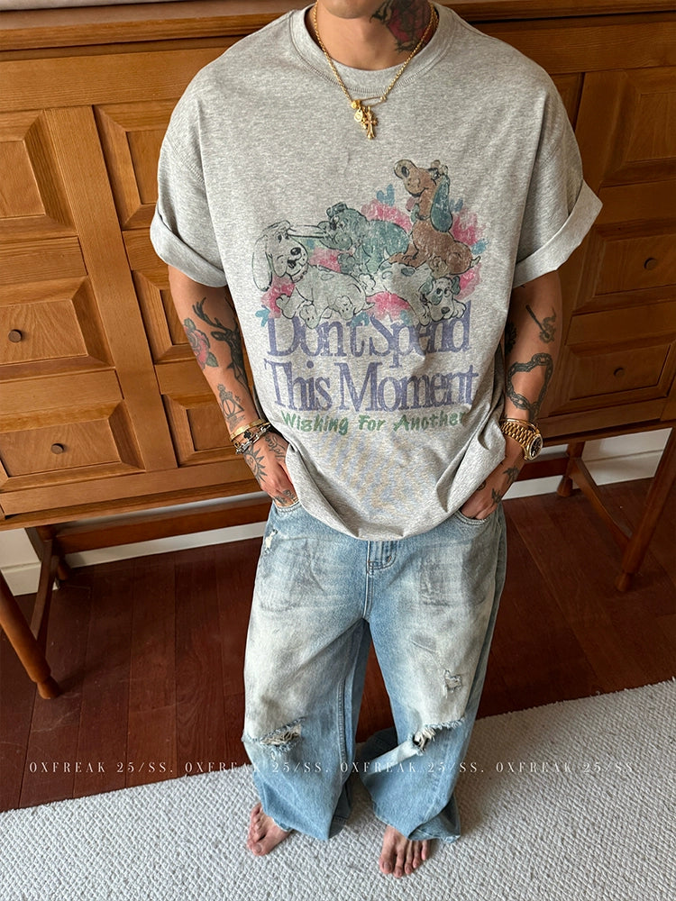 تي شيرت فضفاض برسمة جرو ريترو 