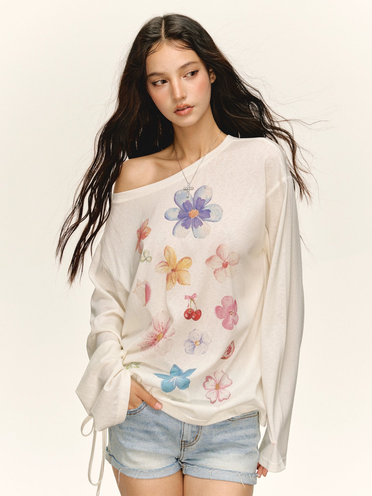 Floral Print Off Shoulder Long Sleeve Top