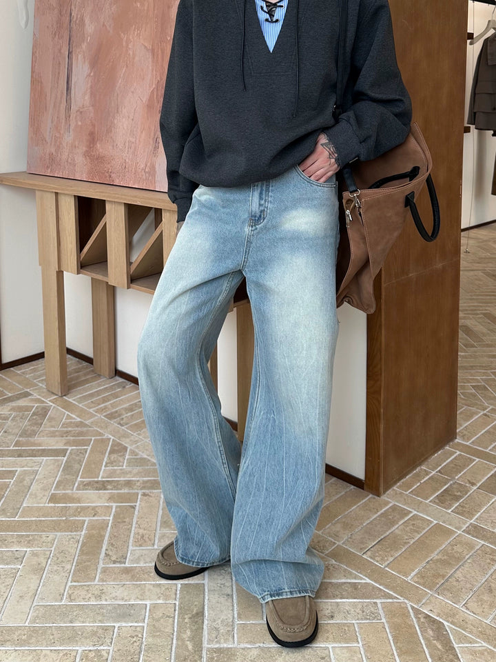 Distressed Washed Wide-Leg Jeans