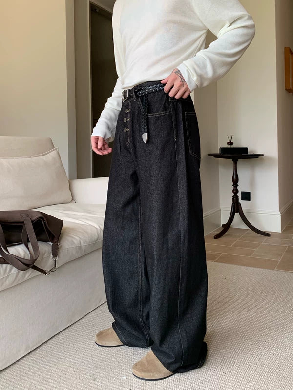 Pantalones de mezclilla de pierna ancha con cuatro botones 