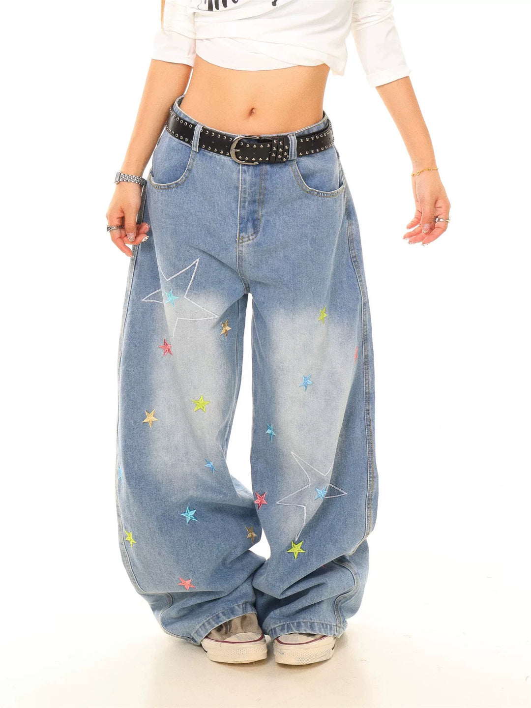 Embroidered Wide Leg Distressed Pants
