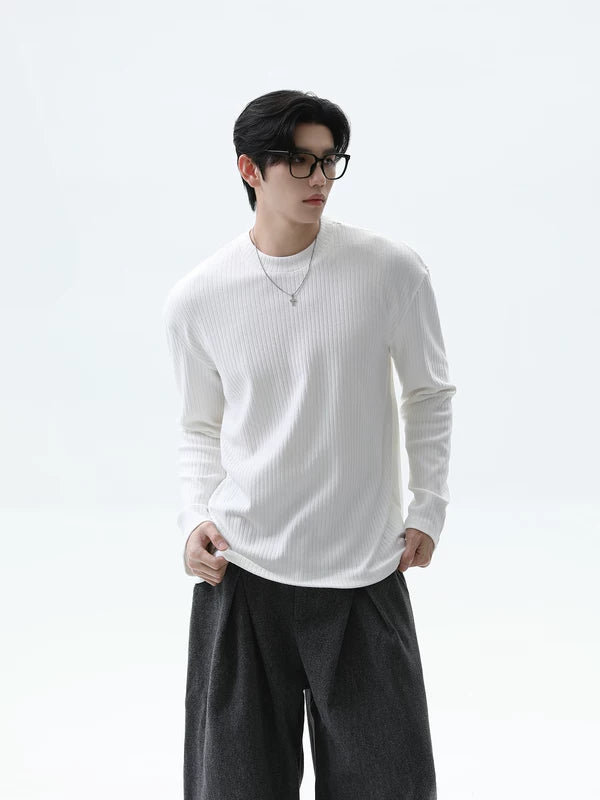 골지 니트 긴팔 크루넥 티셔츠 