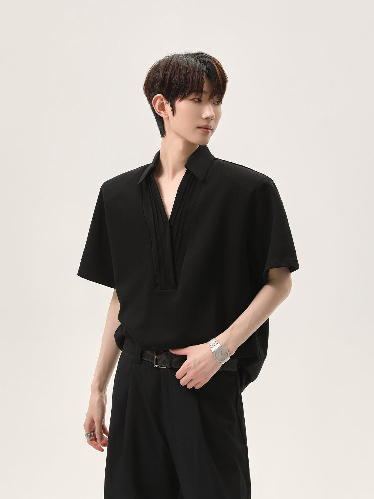 V-Neck Pleated Short-Sleeve Pullover