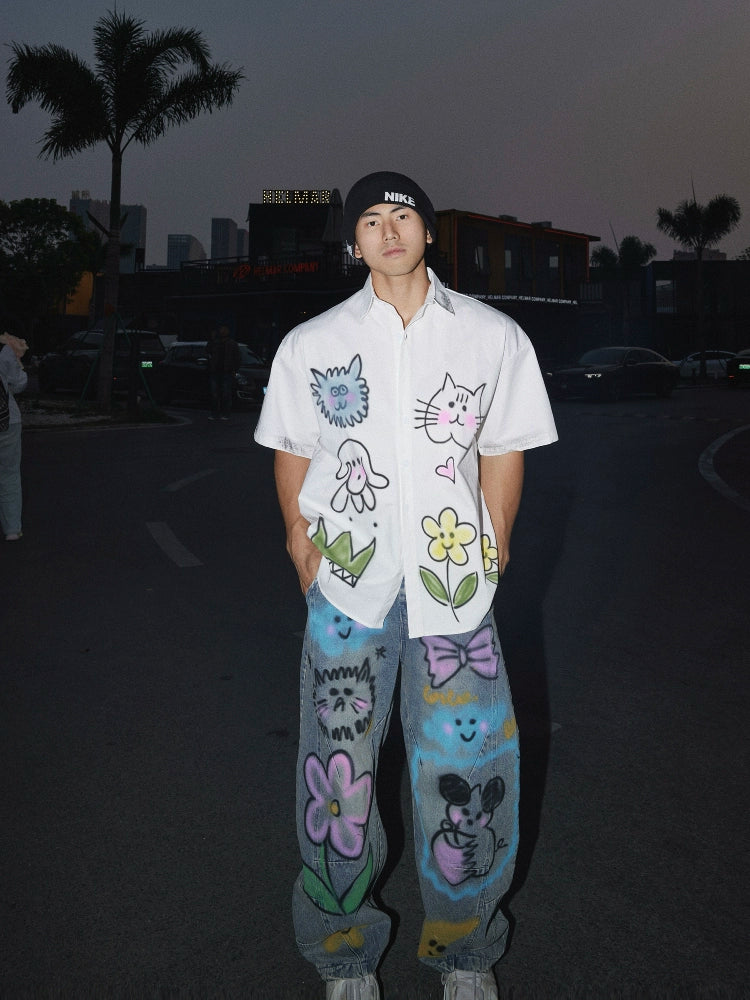 Graffiti Print Wijde Pijpen Denim Broek 