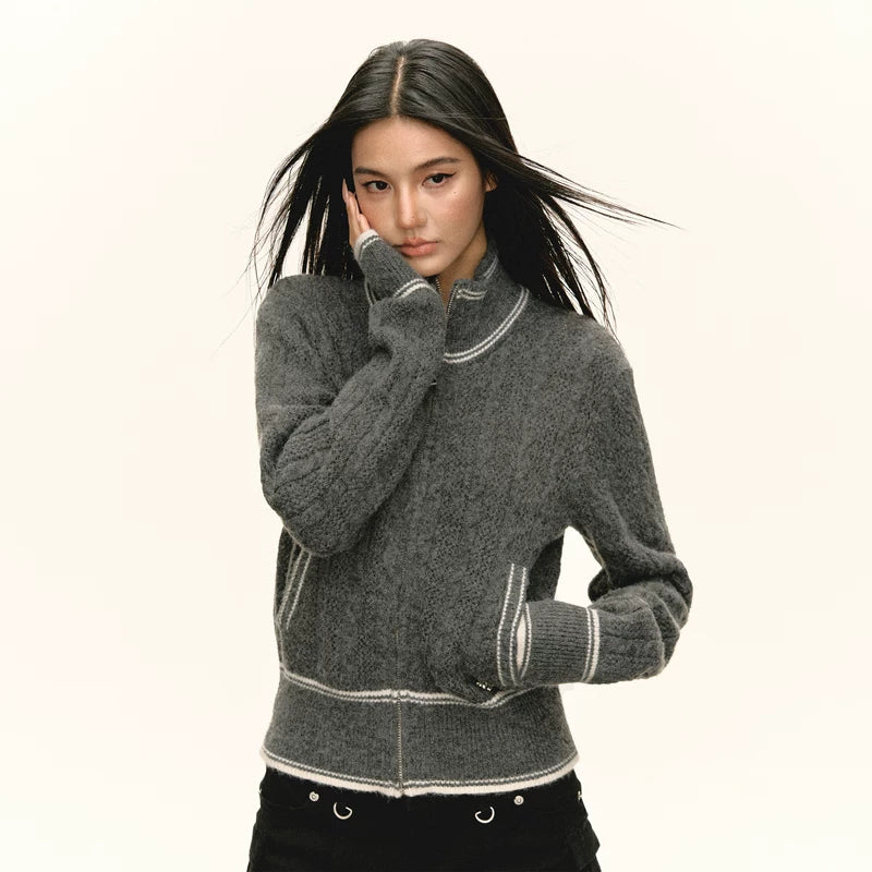 Suéter cárdigan con cremallera y cuello alto retro 