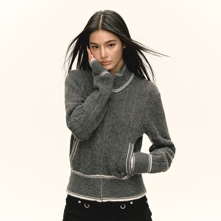 Suéter cárdigan con cremallera y cuello alto retro 