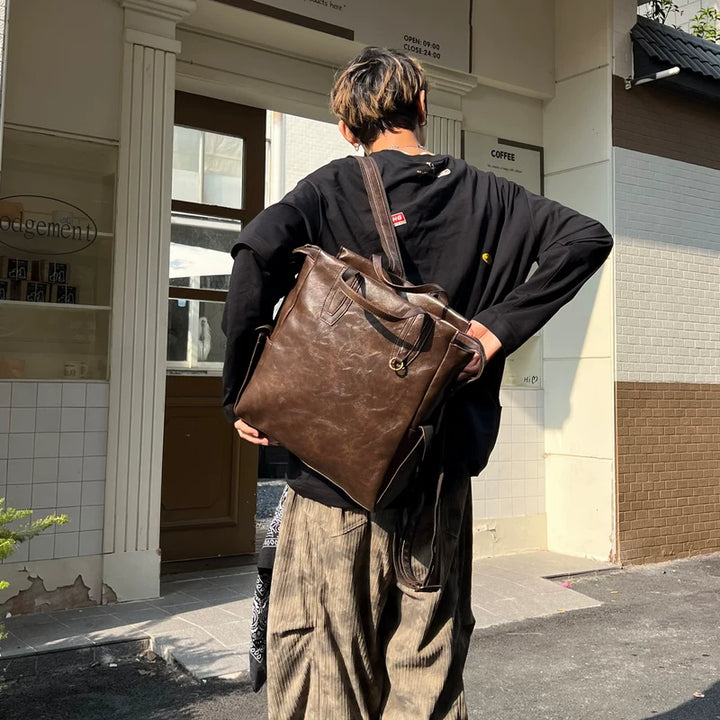 حقيبة ظهر كبيرة على الكتف من جلد PU بتصميم رجعي 