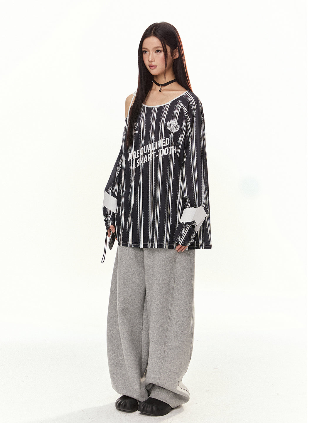 Striped Oblique Shoulder Long-Sleeve Shirt