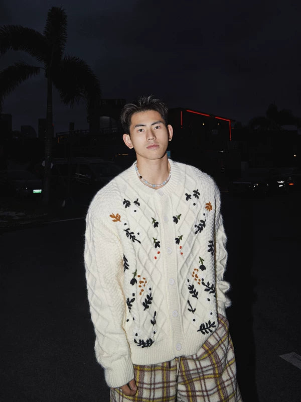 레트로 플랜트 니트 버튼업 카디건 스웨터 