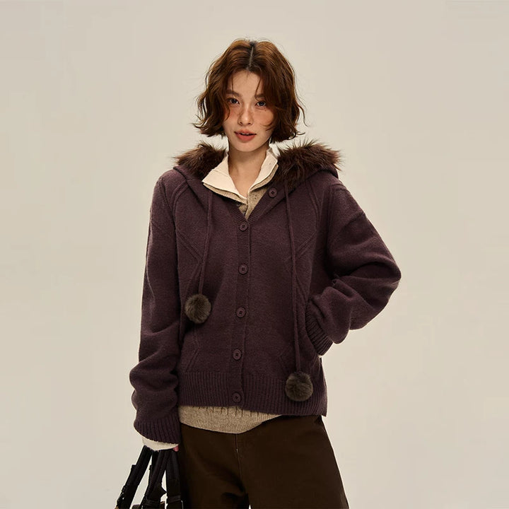 Hooded Fur Collar Knit Cardigan
