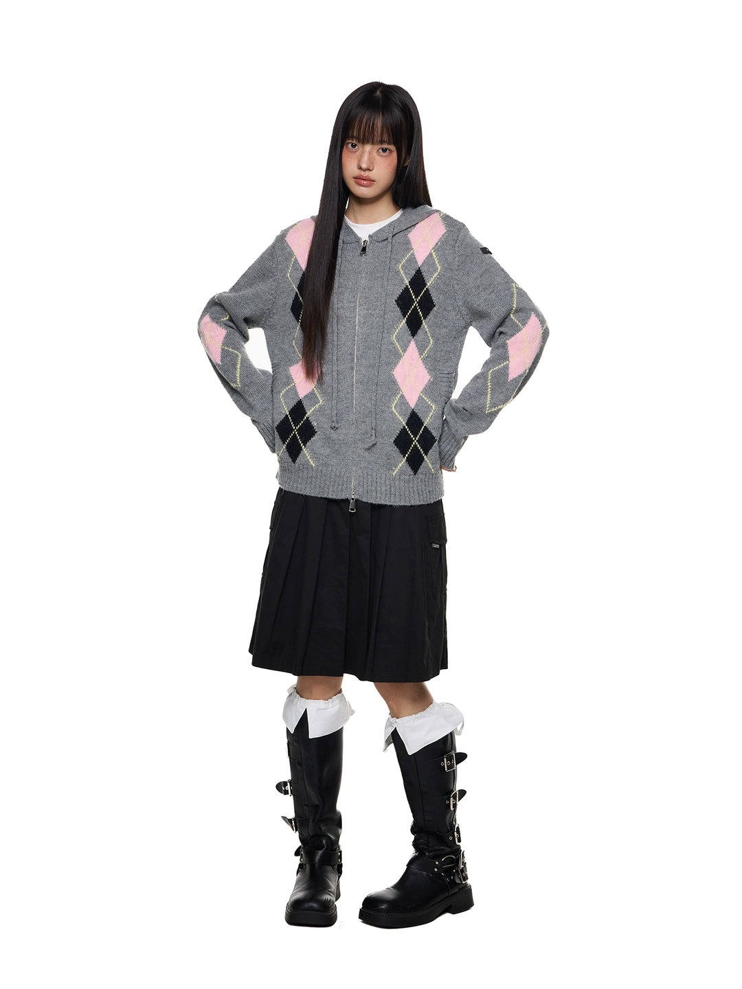 Gilet à capuche en tricot à motif losange 