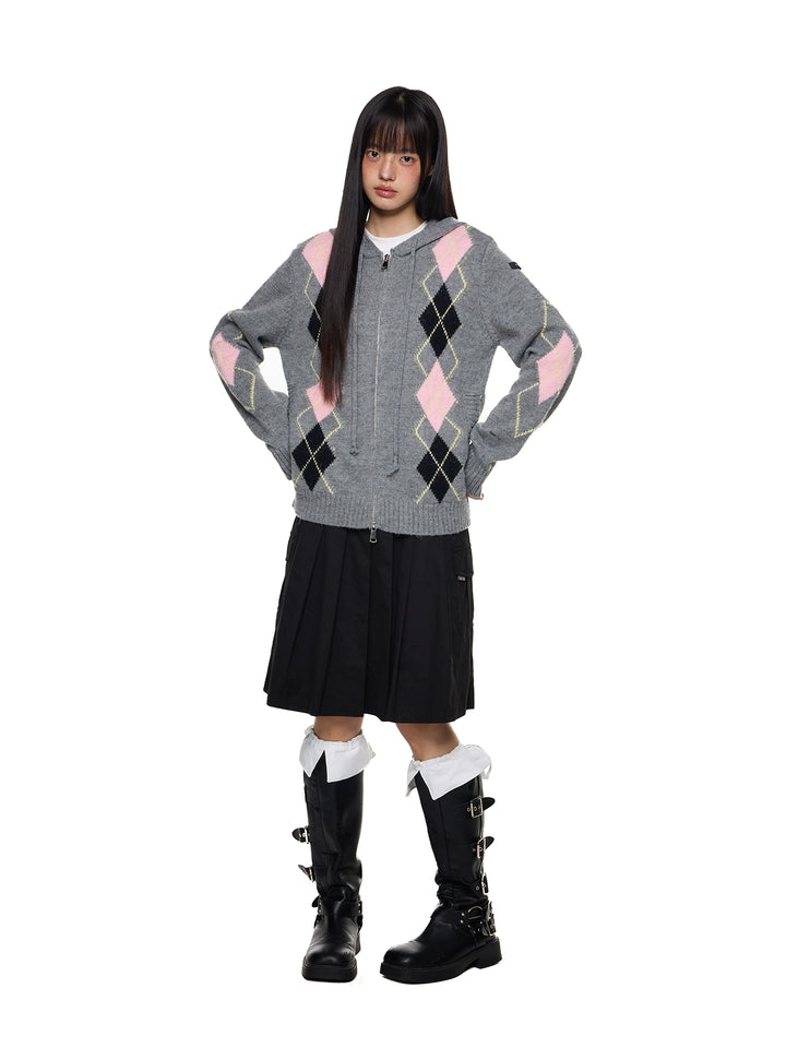Gilet à capuche en tricot à motif losange 