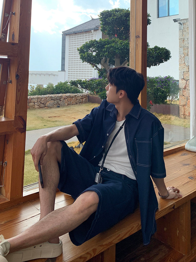 데님 반팔 셔츠와 바지 세트 