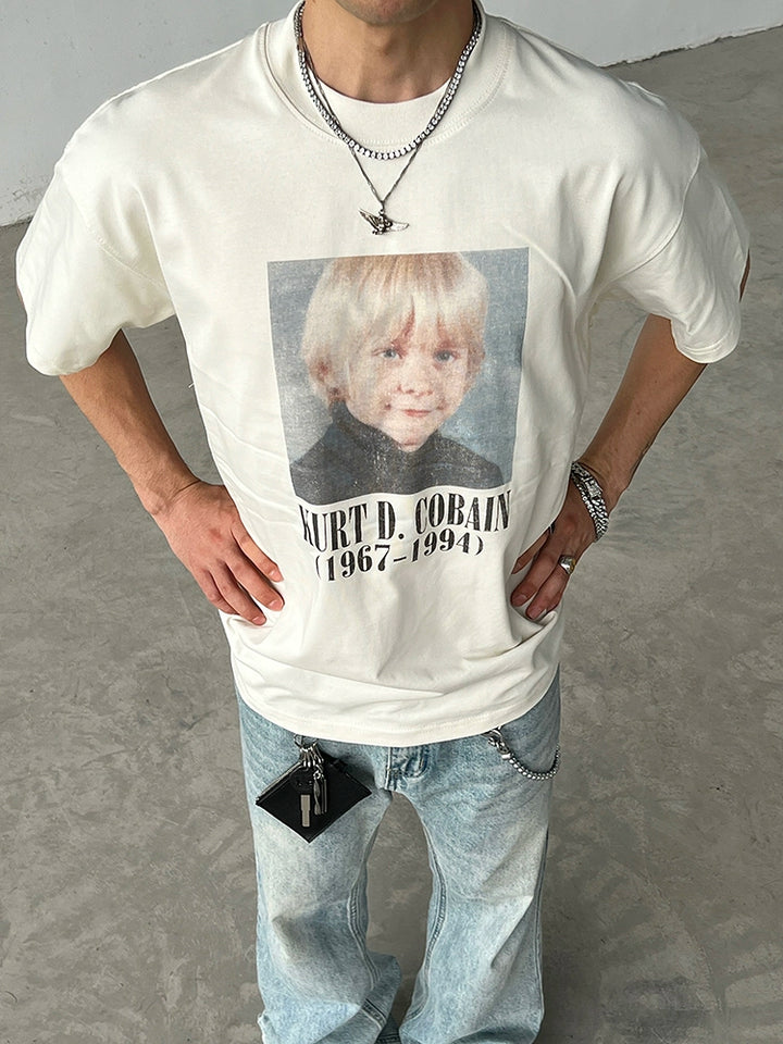 Camiseta de Manga Curta Solta com Estampa de Retrato 